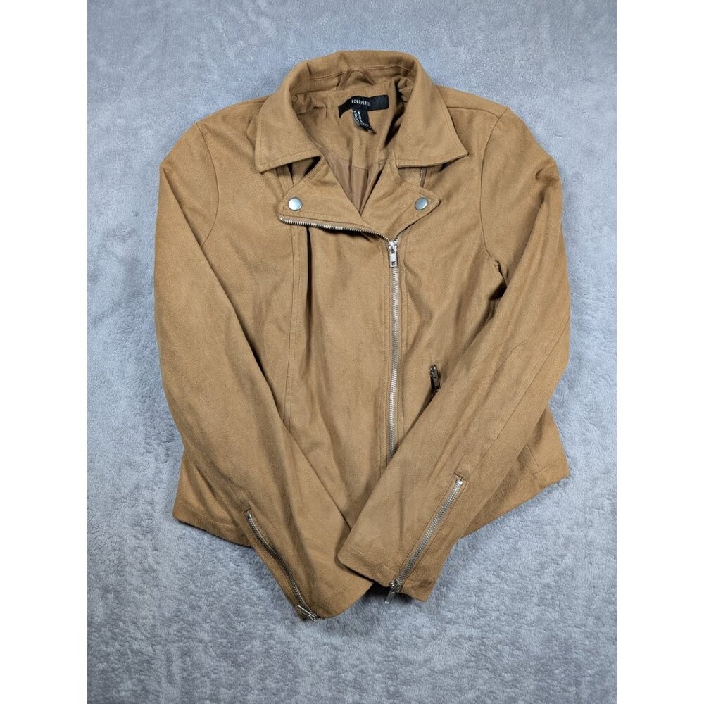 Forever 21 Faux Suede Motto Jacket Womens Size Medium Beige Notched Lapels